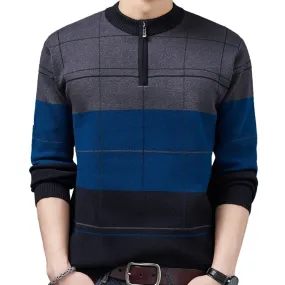 Men's Winter Coarse Wool Flat Knitted O-Neck Zipper Jersey Pullover