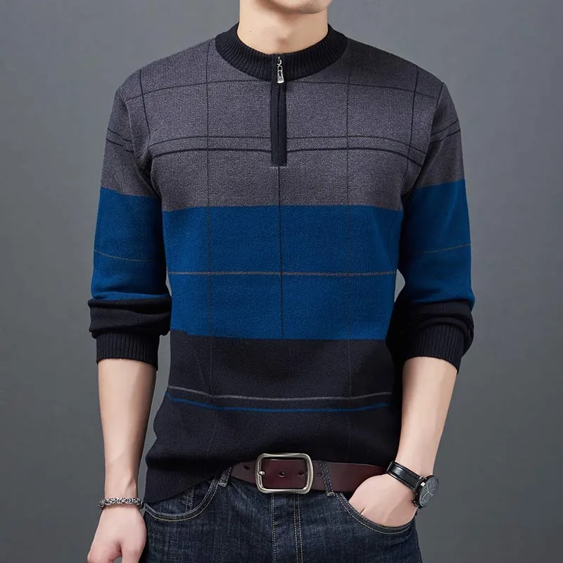 Men's Winter Coarse Wool Flat Knitted O-Neck Zipper Jersey Pullover