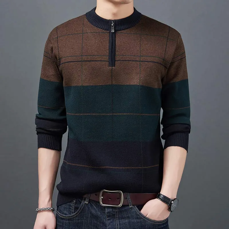 Men's Winter Coarse Wool Flat Knitted O-Neck Zipper Jersey Pullover