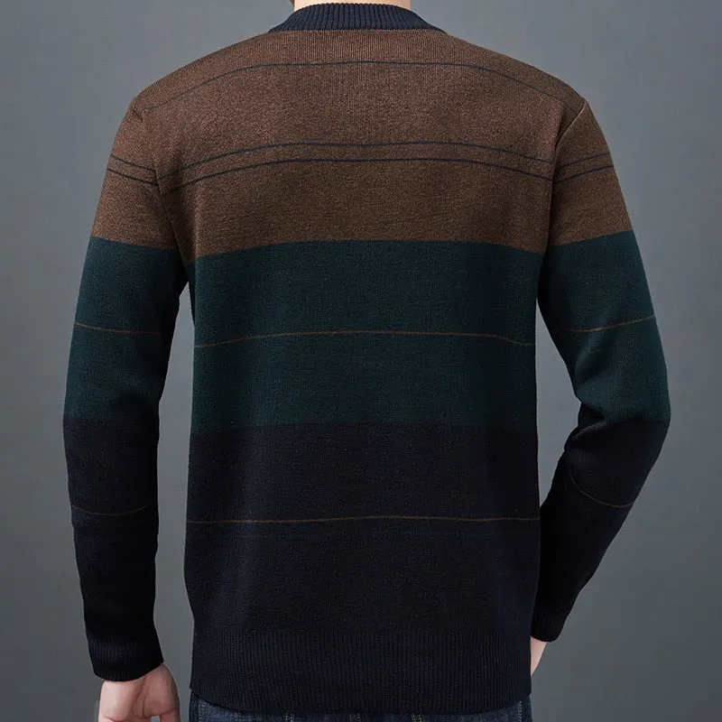 Men's Winter Coarse Wool Flat Knitted O-Neck Zipper Jersey Pullover