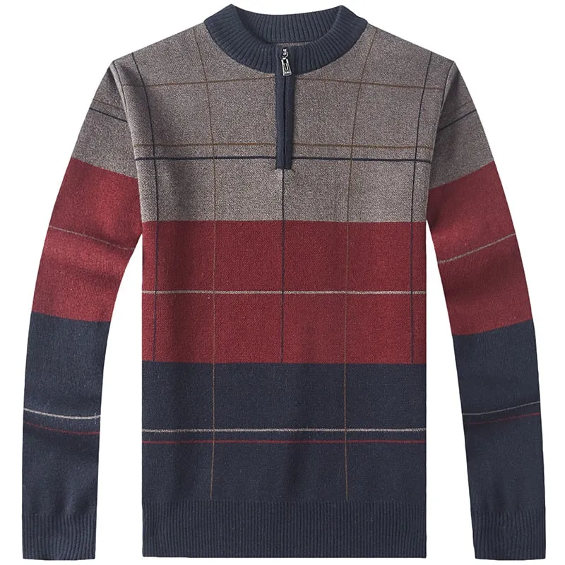 Men's Winter Coarse Wool Flat Knitted O-Neck Zipper Jersey Pullover