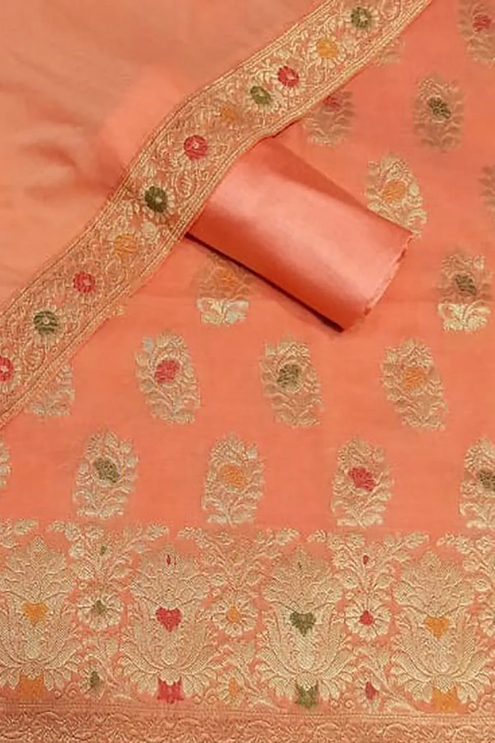 Orange Banarasi Cotton Meenakari Three Piece Unstitched Suit Set With Georgette Silk Dupatta