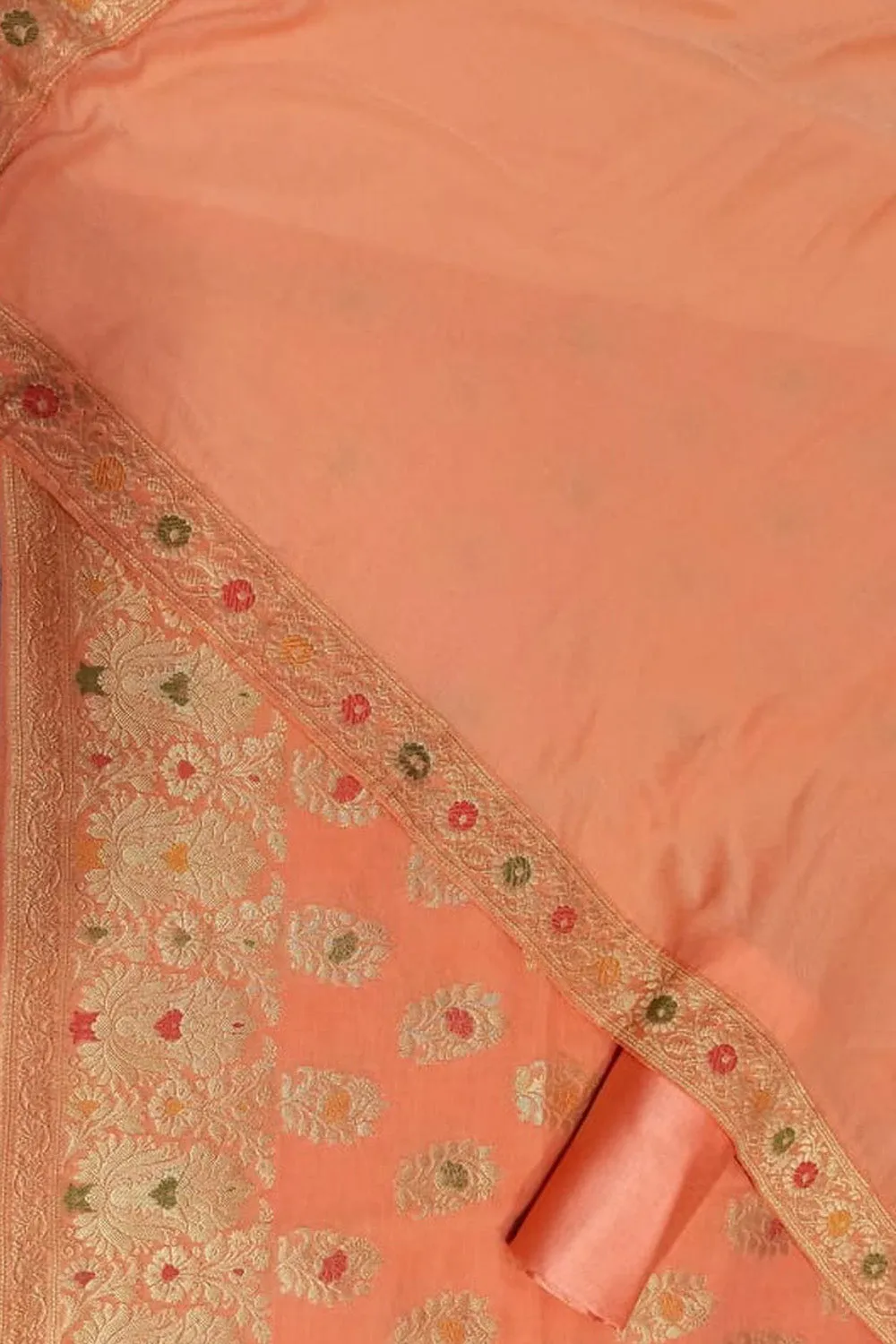 Orange Banarasi Cotton Meenakari Three Piece Unstitched Suit Set With Georgette Silk Dupatta