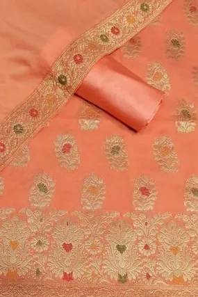 Orange Banarasi Cotton Meenakari Three Piece Unstitched Suit Set With Georgette Silk Dupatta