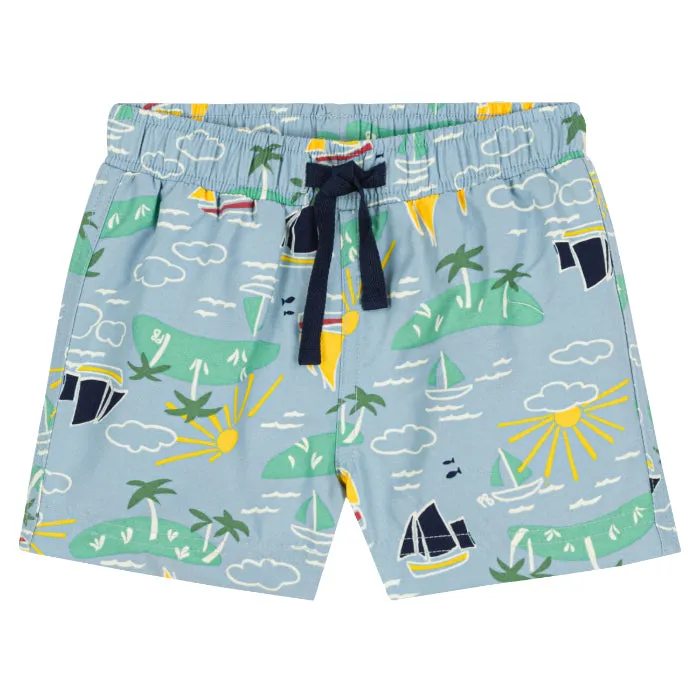 Petit Bateau Baby Swim Shorts Blue With Boat And Island Print