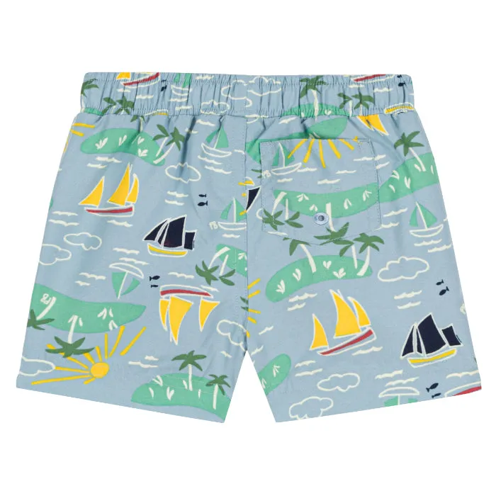 Petit Bateau Baby Swim Shorts Blue With Boat And Island Print