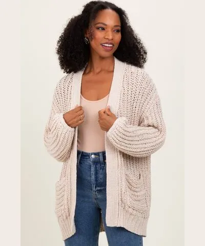 PinkBlush Beige Chunky Knit Oversized Pocket Cardigan