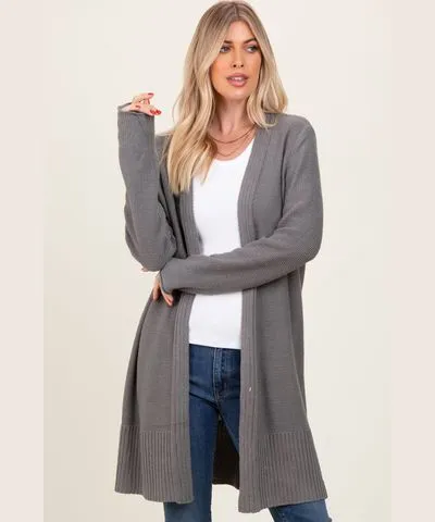 PinkBlush Charcoal Contrast Rib Long Open Cardigan