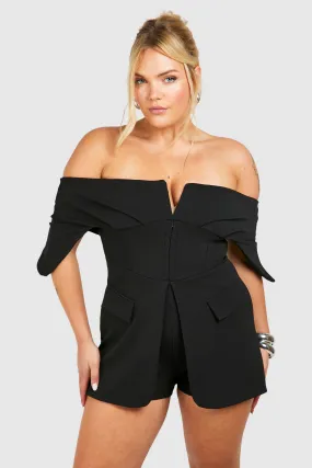 Plus Scuba Crepe Corset Hook & Eye Detail Off The Shoulder Blazer Romper