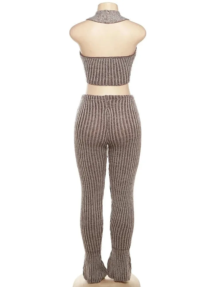 Priscilla Sleeveless Rib Knit Flare Pant Set