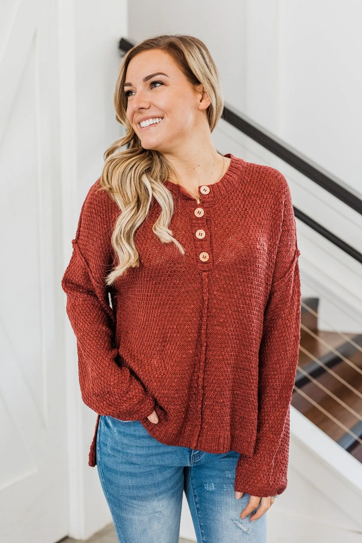 Rebellious Rose Knit Button Top- Dark Rust