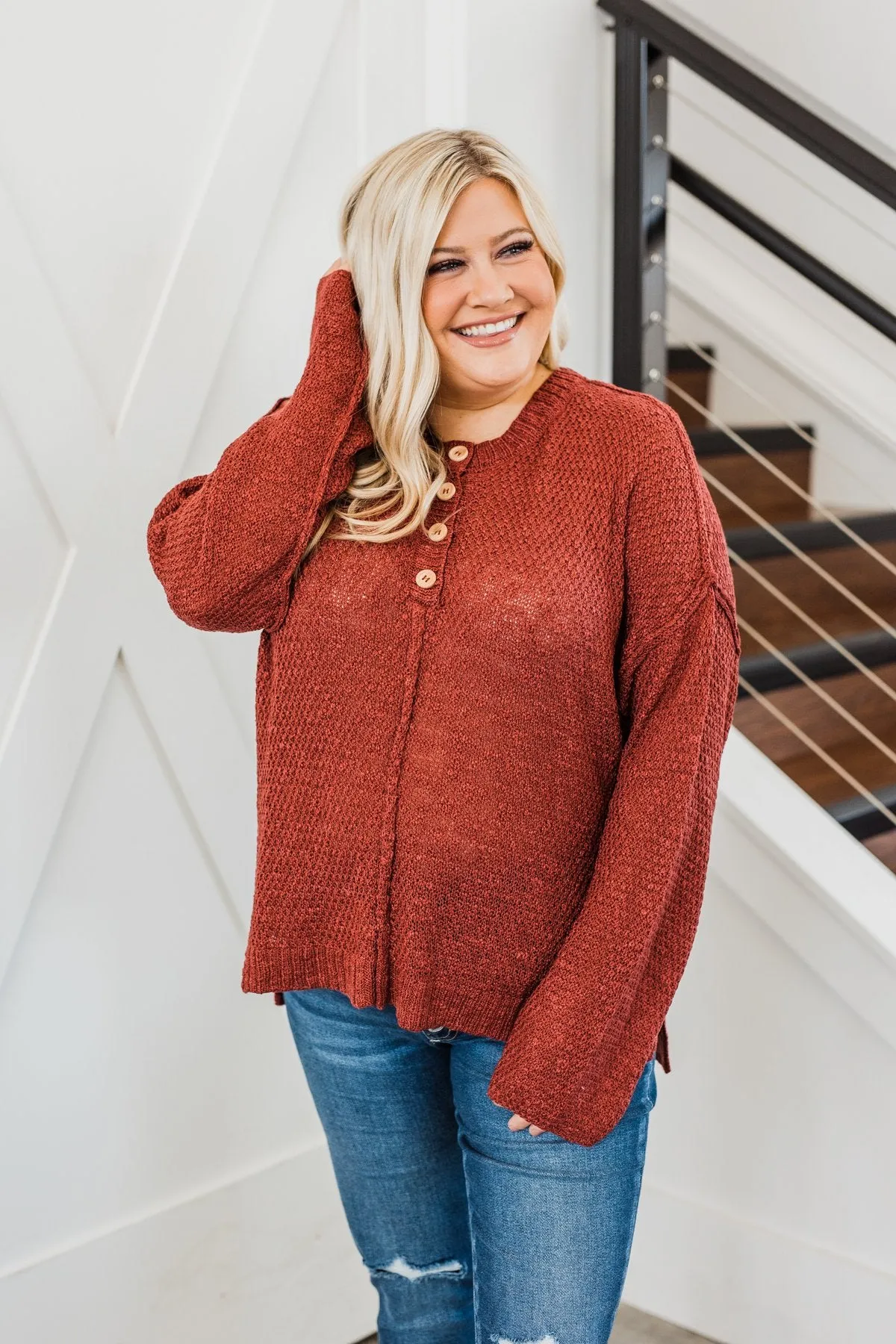 Rebellious Rose Knit Button Top- Dark Rust