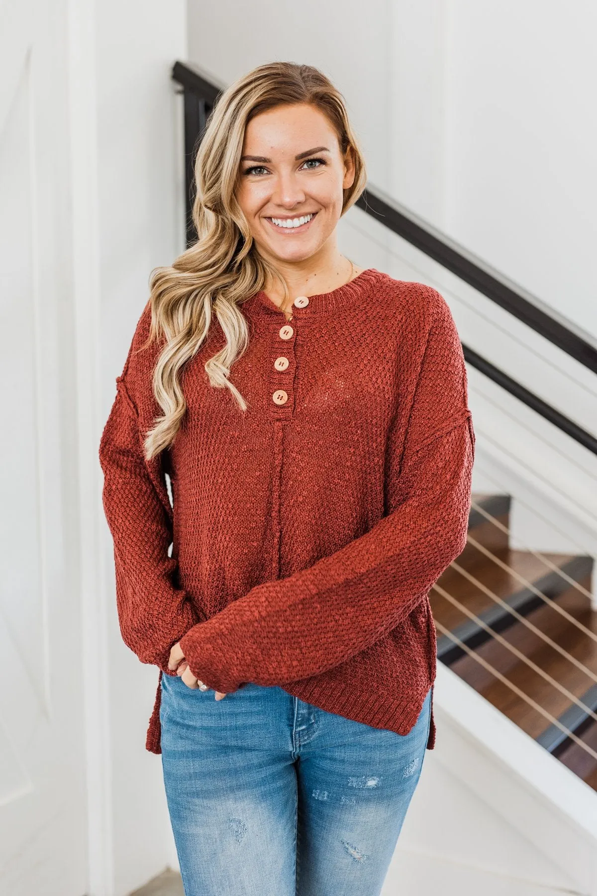 Rebellious Rose Knit Button Top- Dark Rust