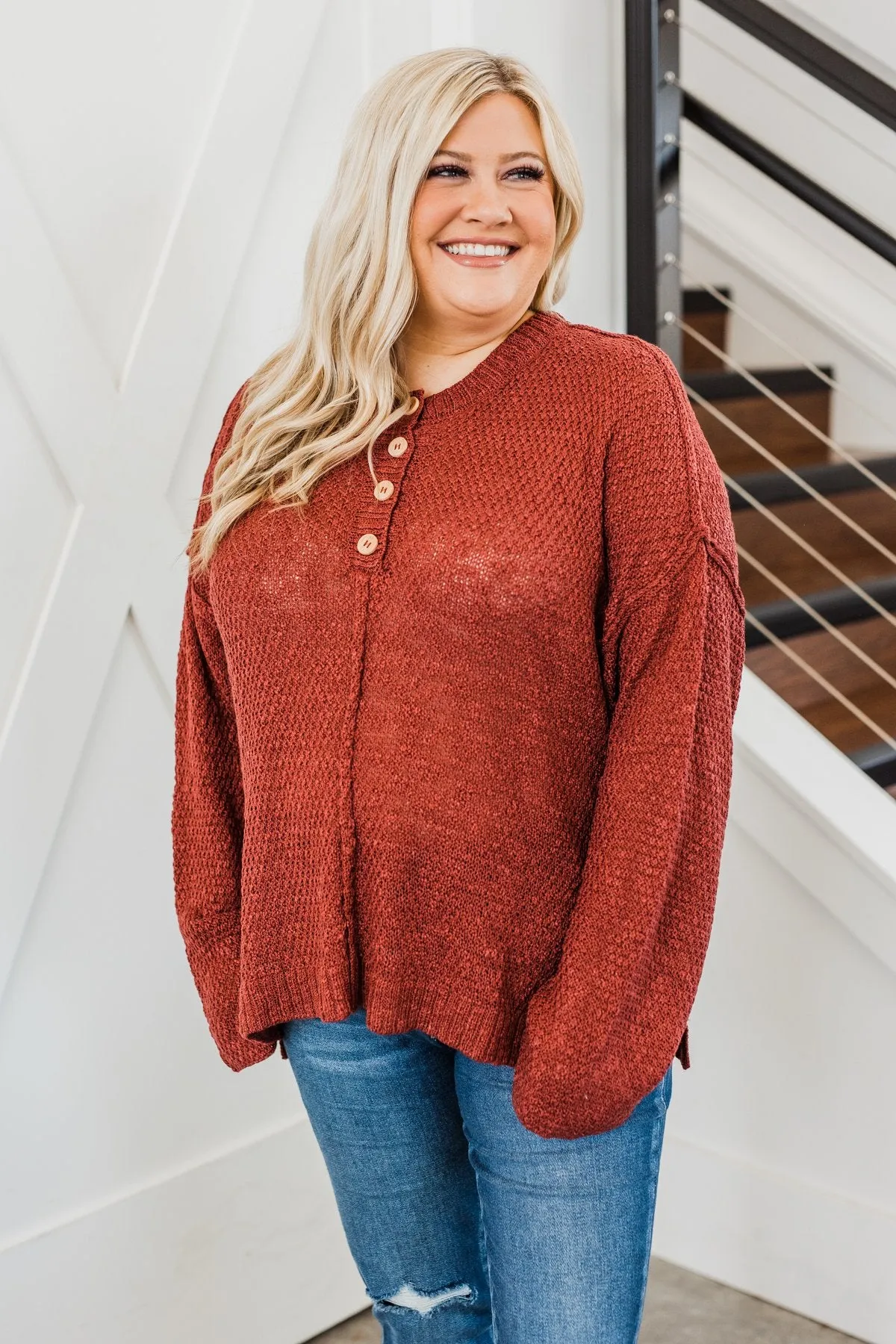 Rebellious Rose Knit Button Top- Dark Rust