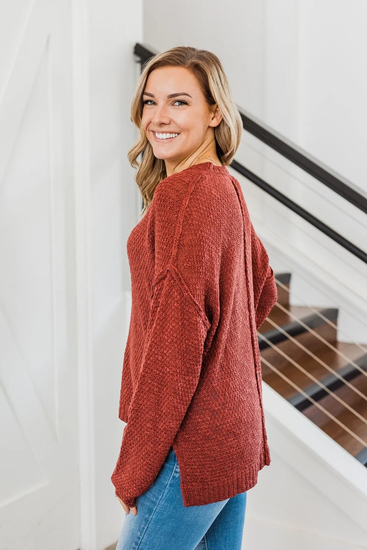 Rebellious Rose Knit Button Top- Dark Rust