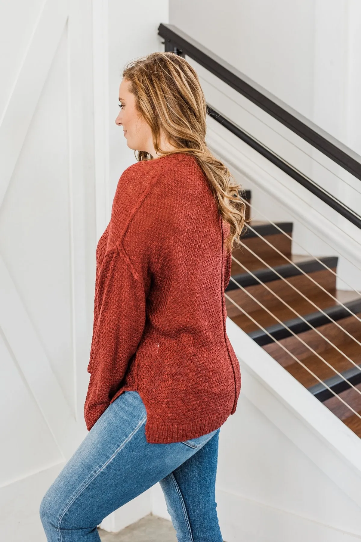 Rebellious Rose Knit Button Top- Dark Rust