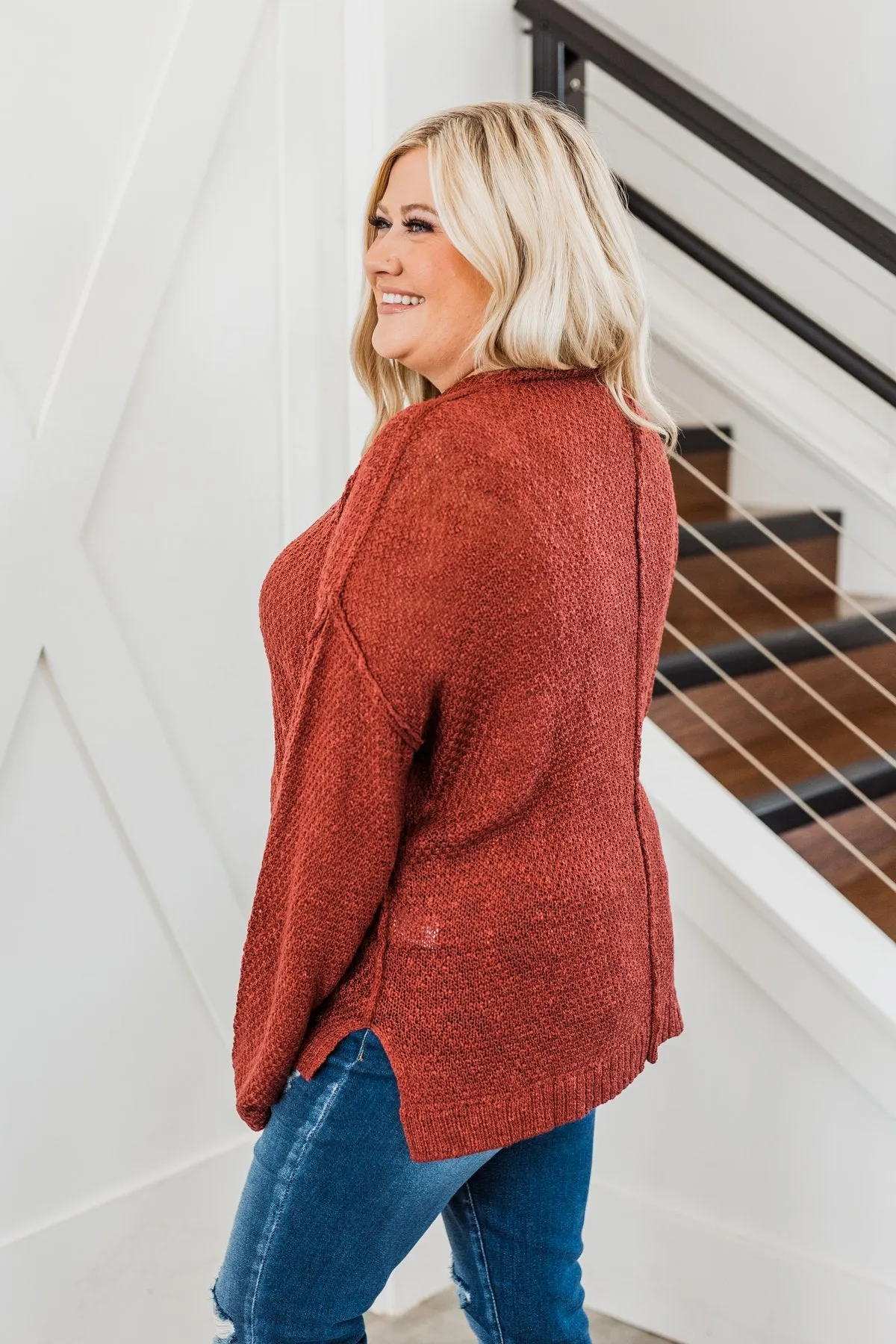 Rebellious Rose Knit Button Top- Dark Rust