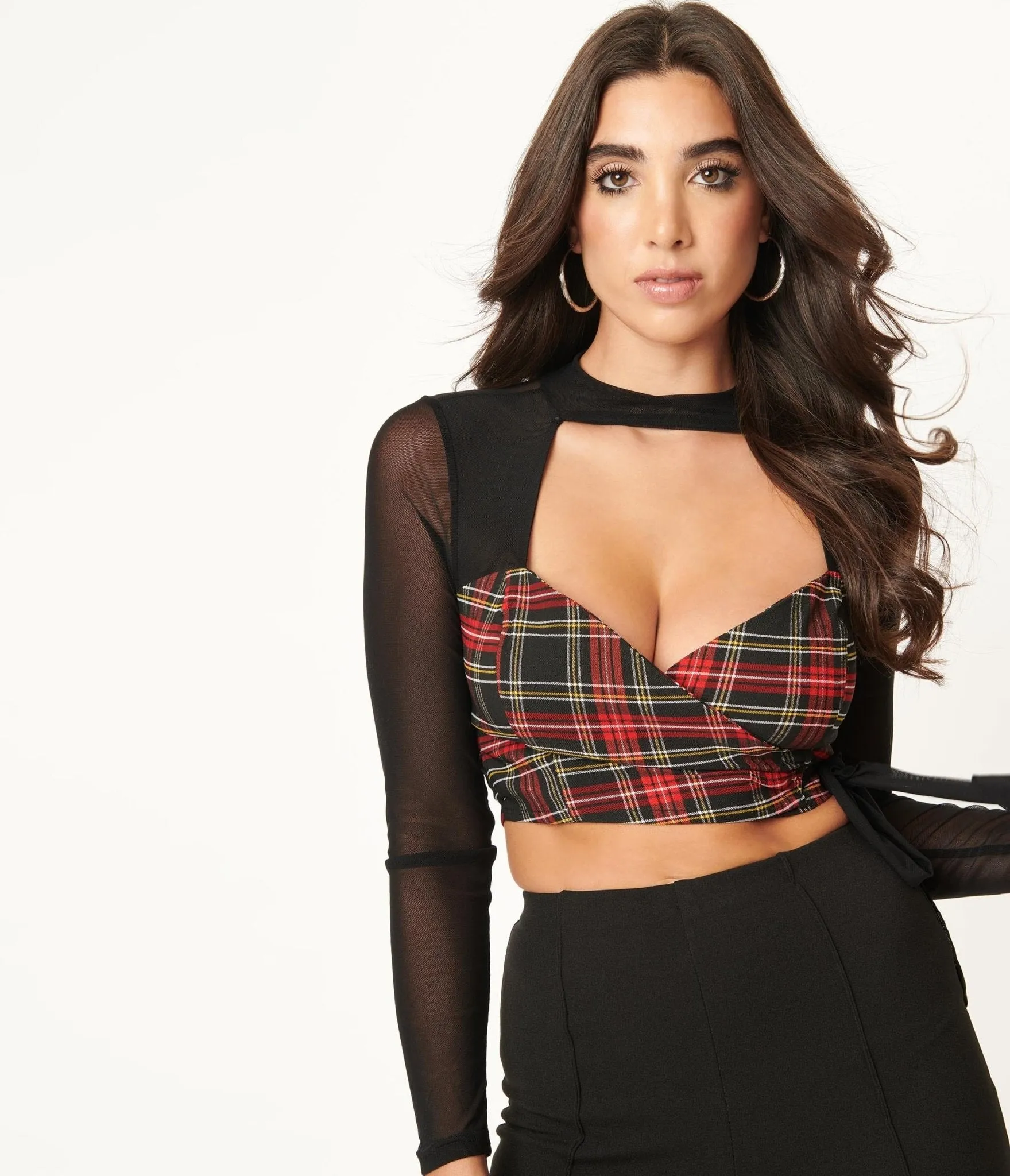 Red & Black Plaid Wrap Crop Top