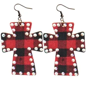 *Red Plaid Cross Earrings with Bling Trim*