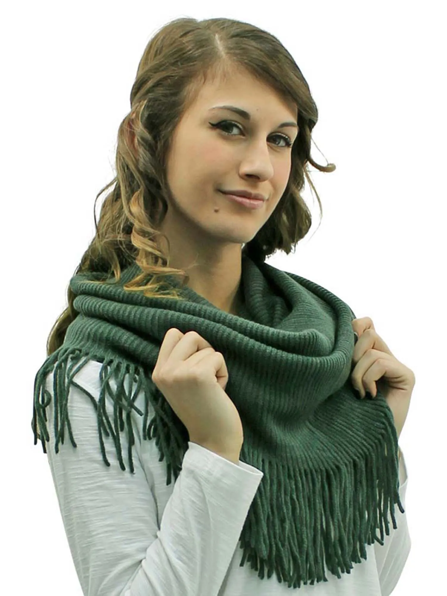 Ribbed Knit Infinity Scarf With Long Fringe