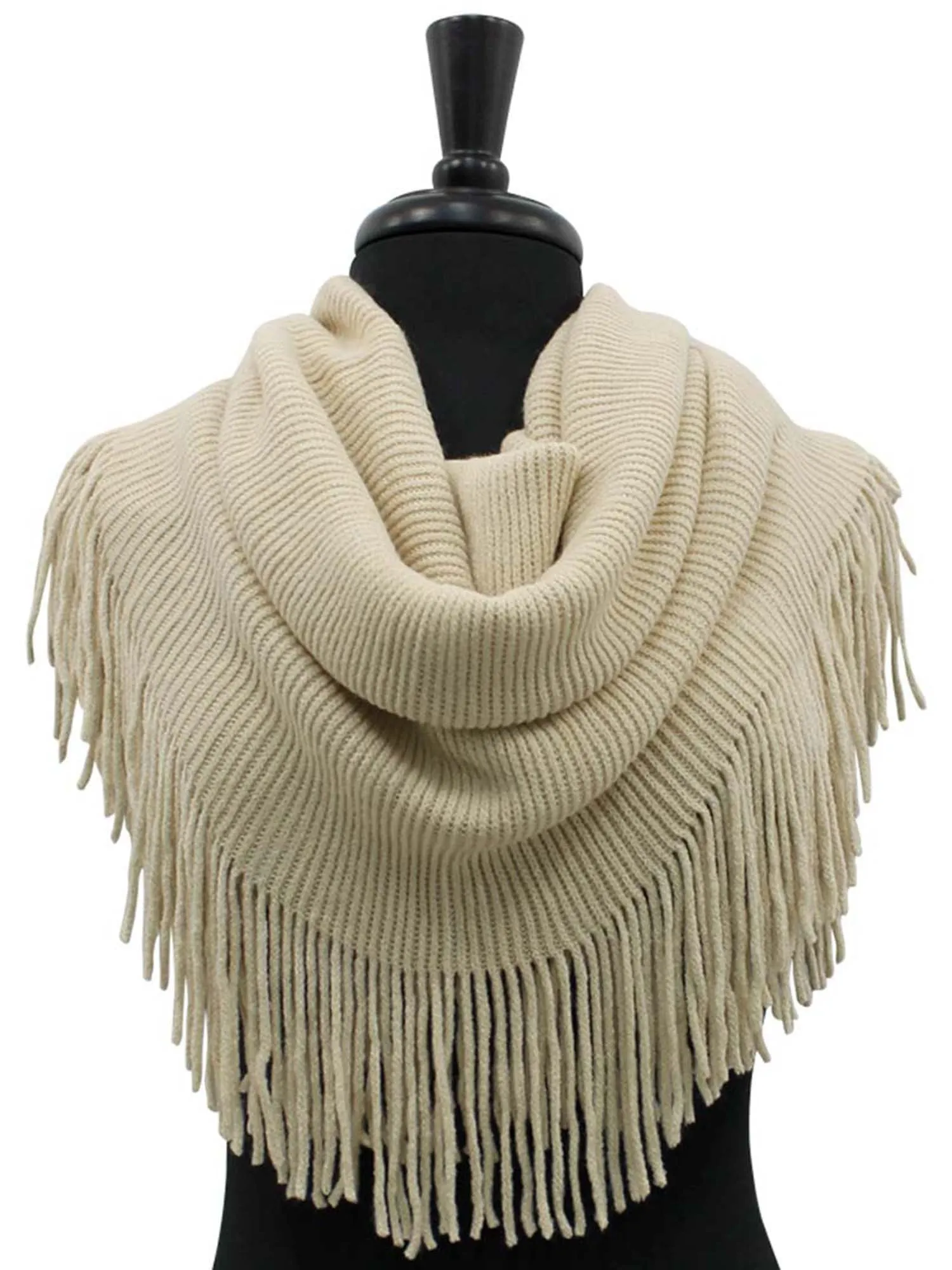 Ribbed Knit Infinity Scarf With Long Fringe