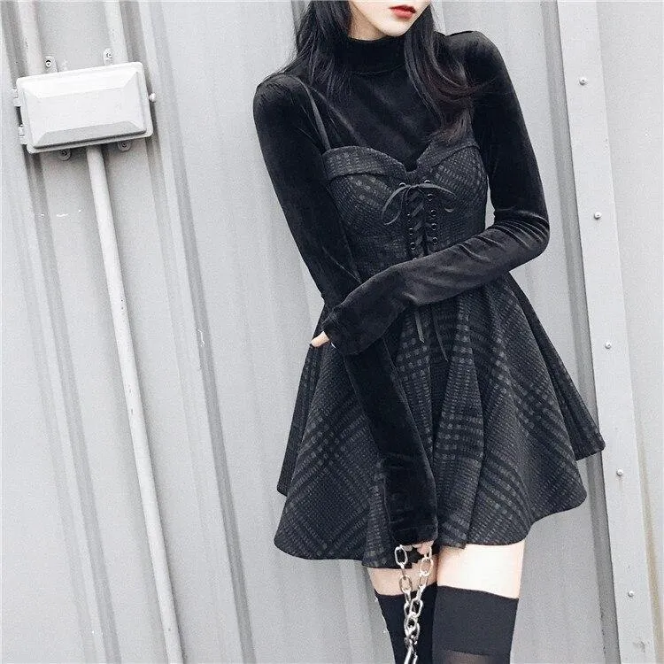 Ruibbit Rock Punk Gothic Plaid Pleated Dress