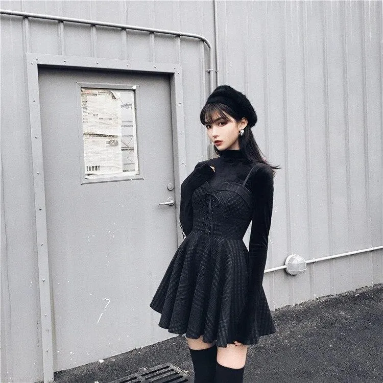 Ruibbit Rock Punk Gothic Plaid Pleated Dress