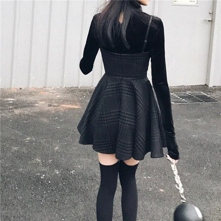 Ruibbit Rock Punk Gothic Plaid Pleated Dress