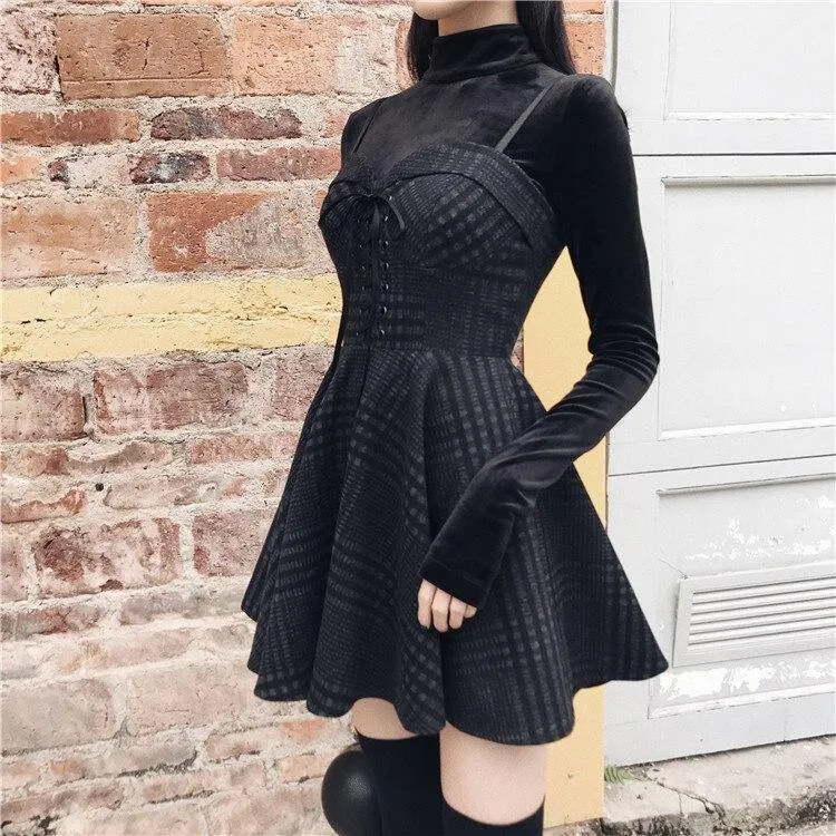 Ruibbit Rock Punk Gothic Plaid Pleated Dress