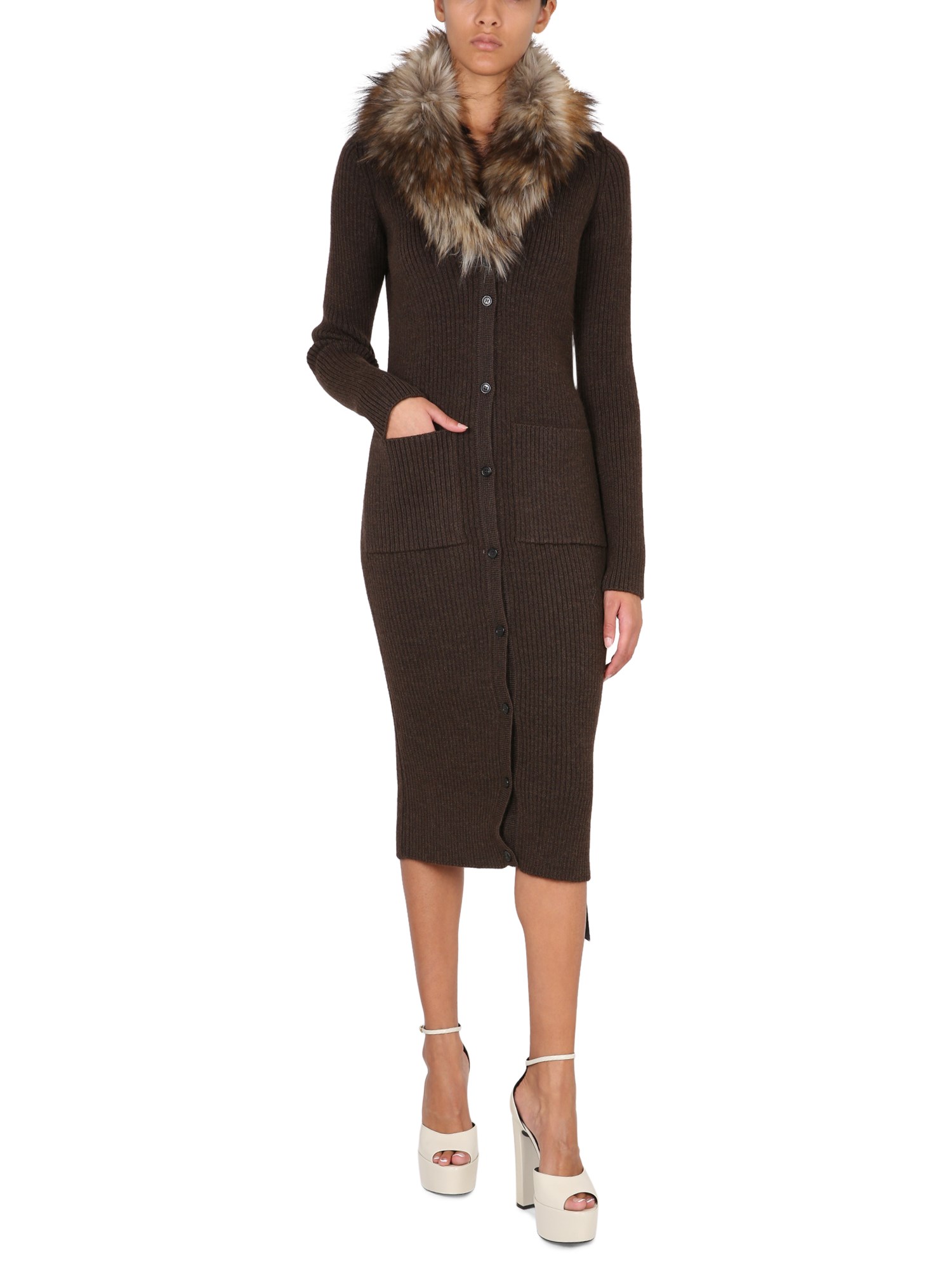 SAINT LAURENT    RIBBED WOOL KNIT LONG CARDIGAN DRESS