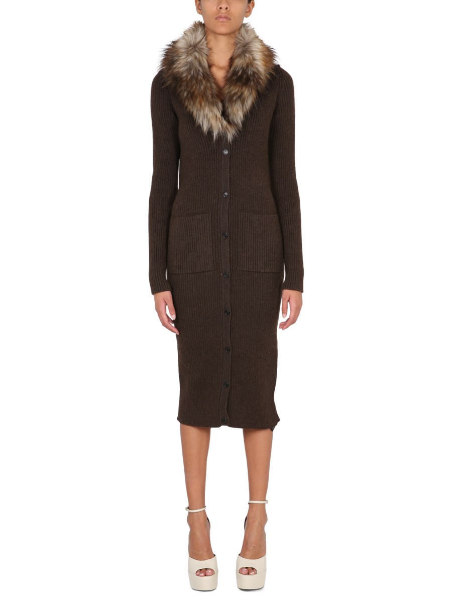 SAINT LAURENT    RIBBED WOOL KNIT LONG CARDIGAN DRESS