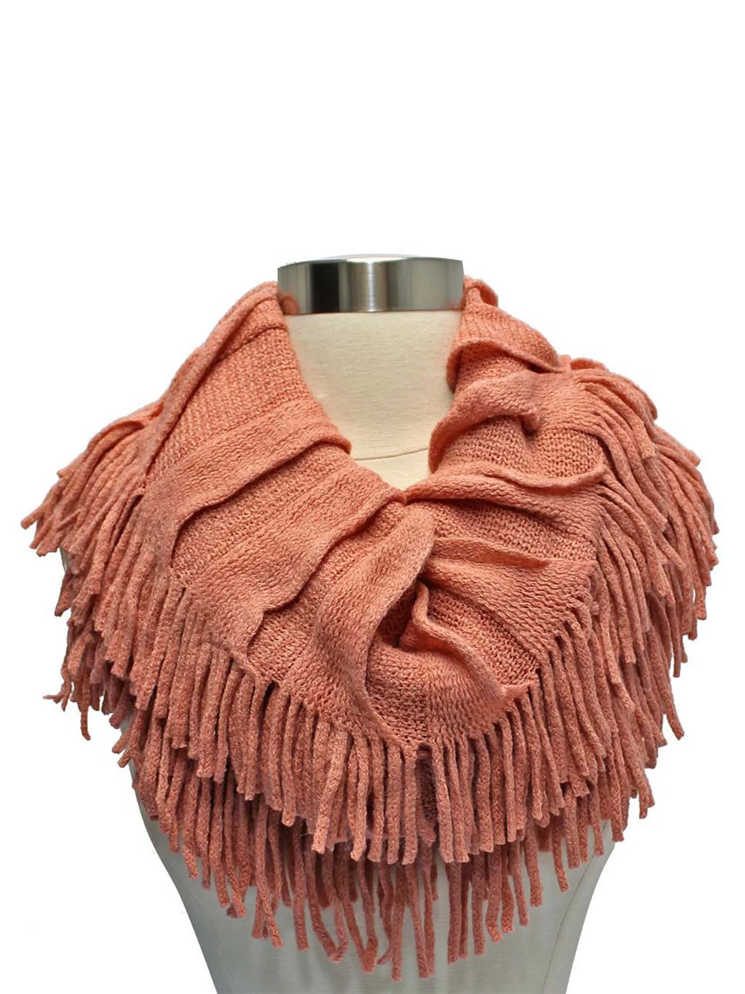 Salmon Pink Soft Knit Ruffle Loop Scarf With Fringe