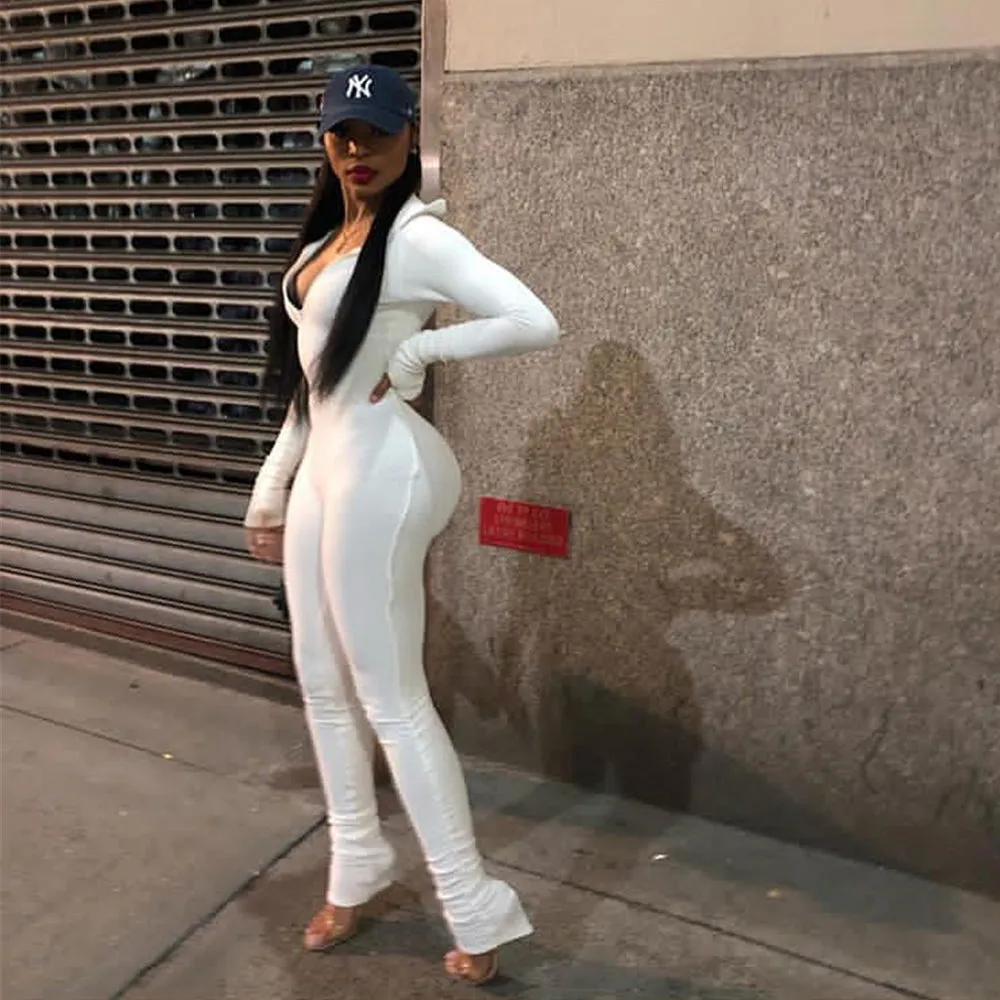 Sexy Women's White Knitted Ribbed Long Sleeves One Piece Bodycon Jumpsuit