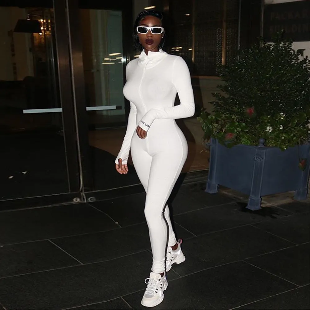 Sexy Women's White Knitted Ribbed Long Sleeves One Piece Bodycon Jumpsuit