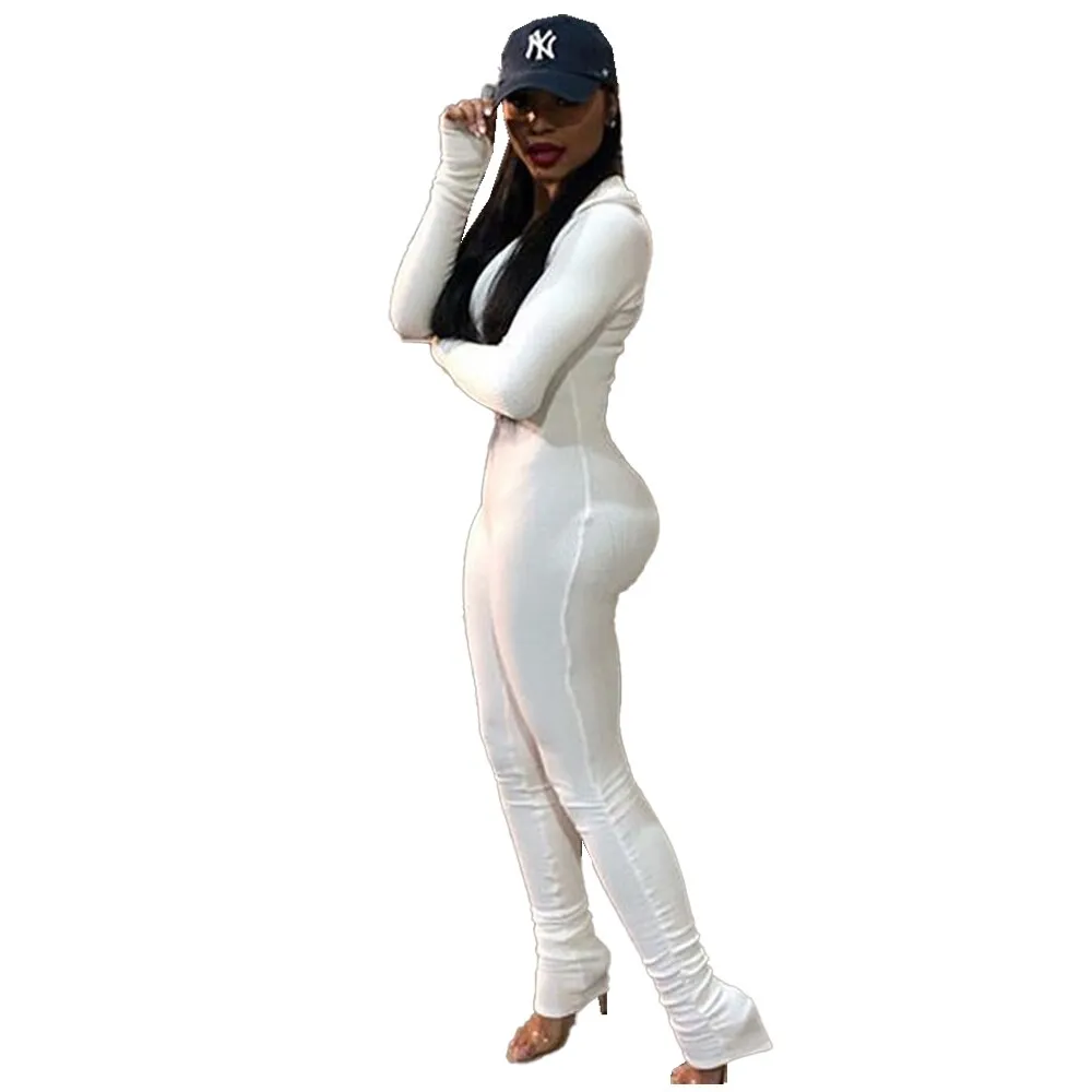 Sexy Women's White Knitted Ribbed Long Sleeves One Piece Bodycon Jumpsuit