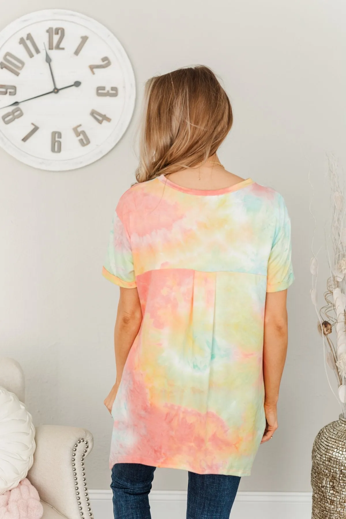 Simpler Times To Come Tie-Dye Top- Coral, Yellow & Blue