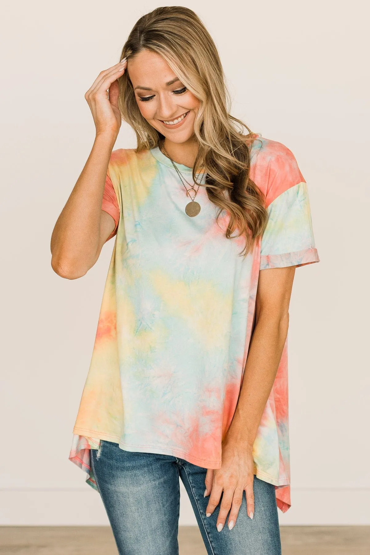 Simpler Times To Come Tie-Dye Top- Coral, Yellow & Blue