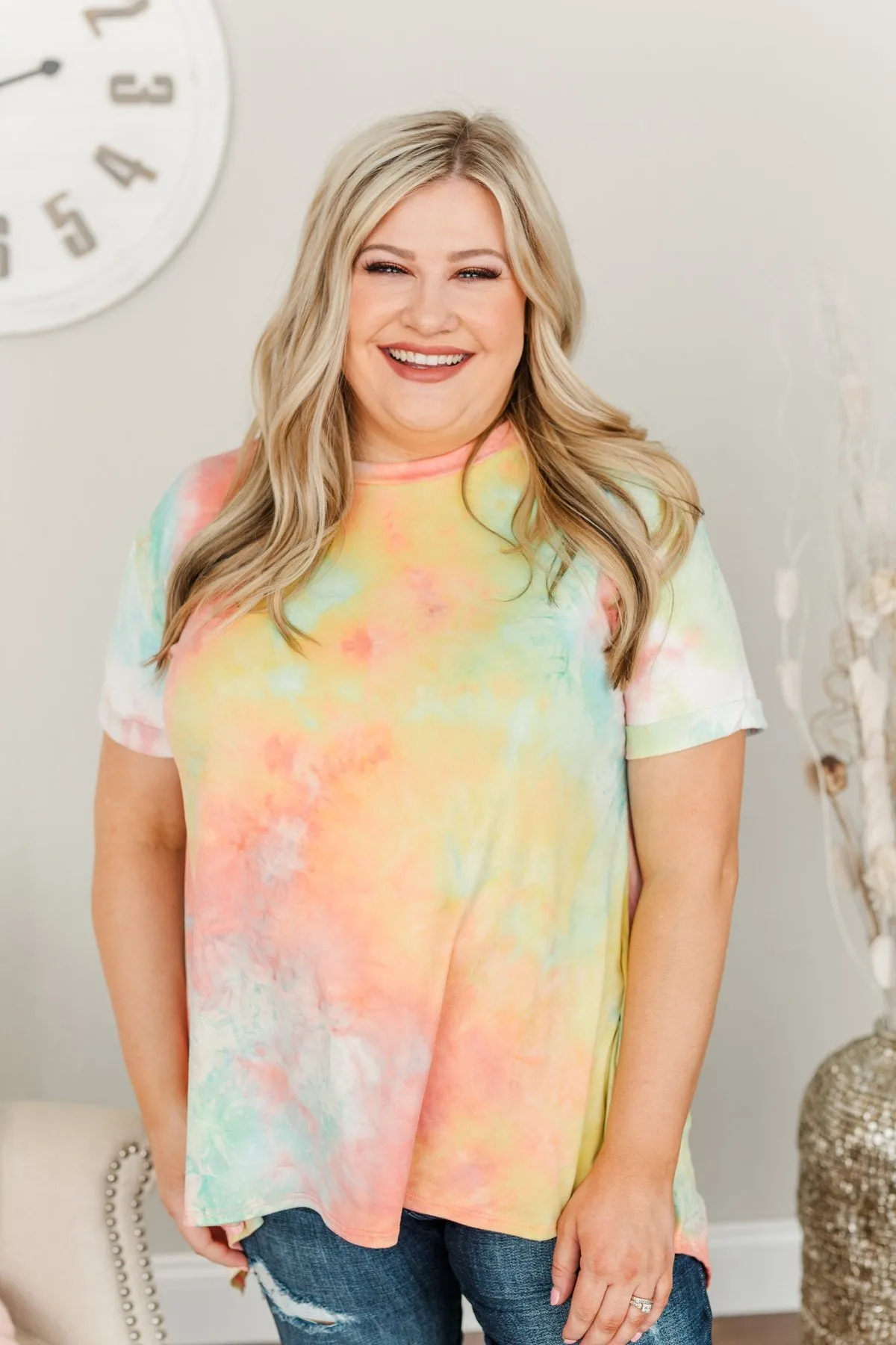 Simpler Times To Come Tie-Dye Top- Coral, Yellow & Blue