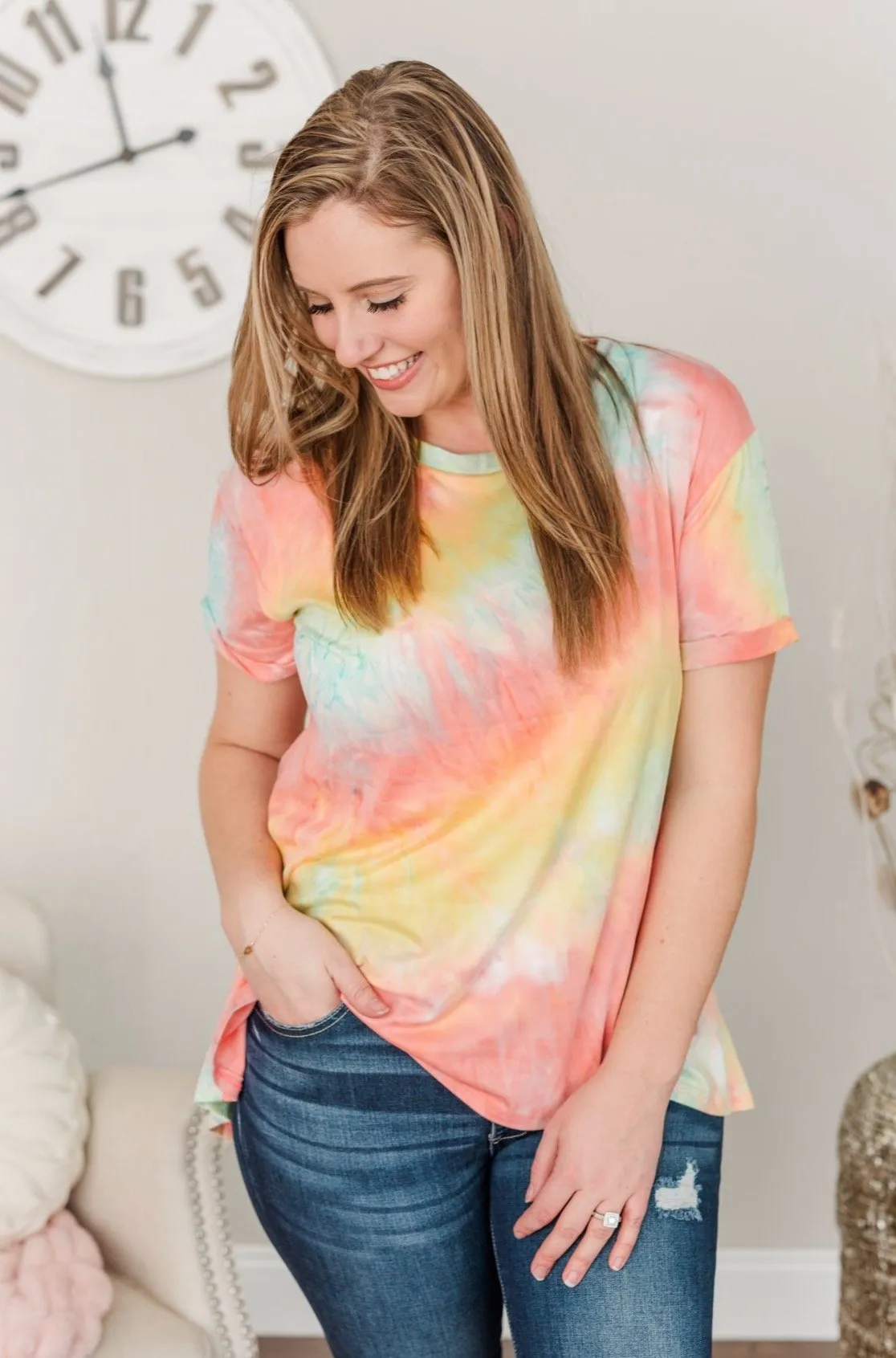 Simpler Times To Come Tie-Dye Top- Coral, Yellow & Blue