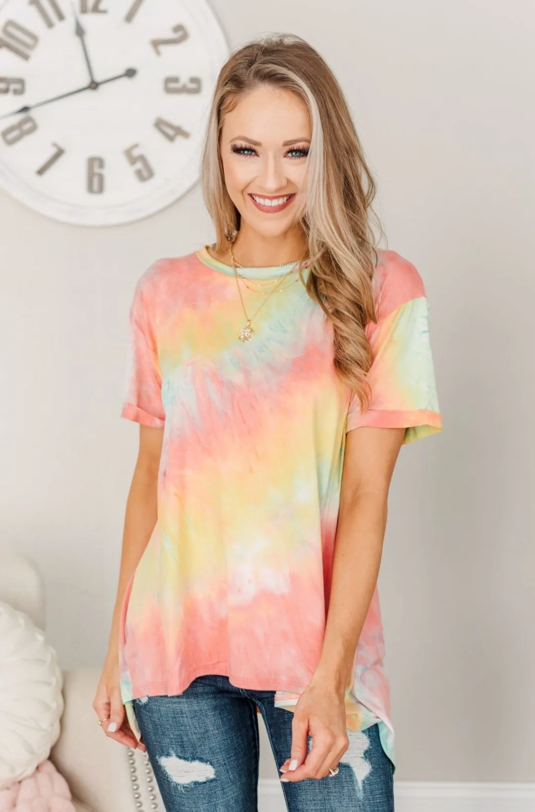 Simpler Times To Come Tie-Dye Top- Coral, Yellow & Blue