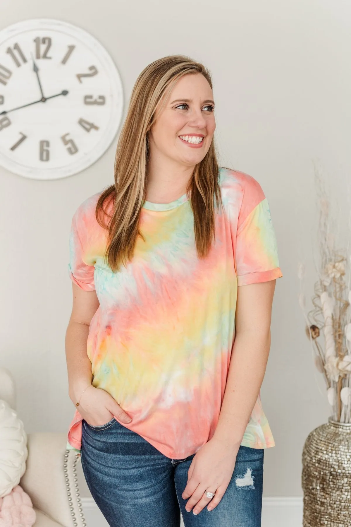 Simpler Times To Come Tie-Dye Top- Coral, Yellow & Blue