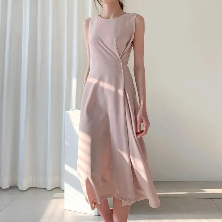 Sleeveless Round Neck Side Buttons Flare Midi Dress in Pink