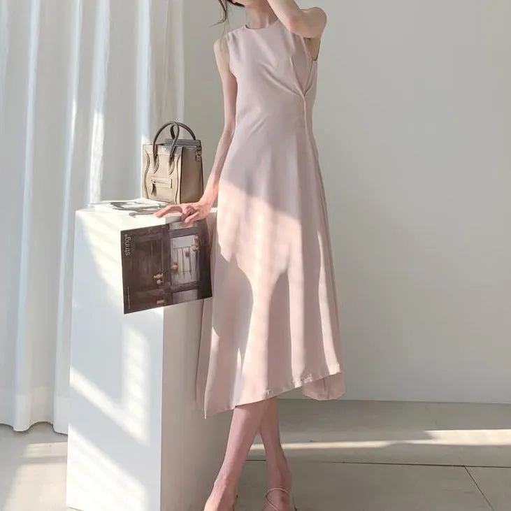 Sleeveless Round Neck Side Buttons Flare Midi Dress in Pink