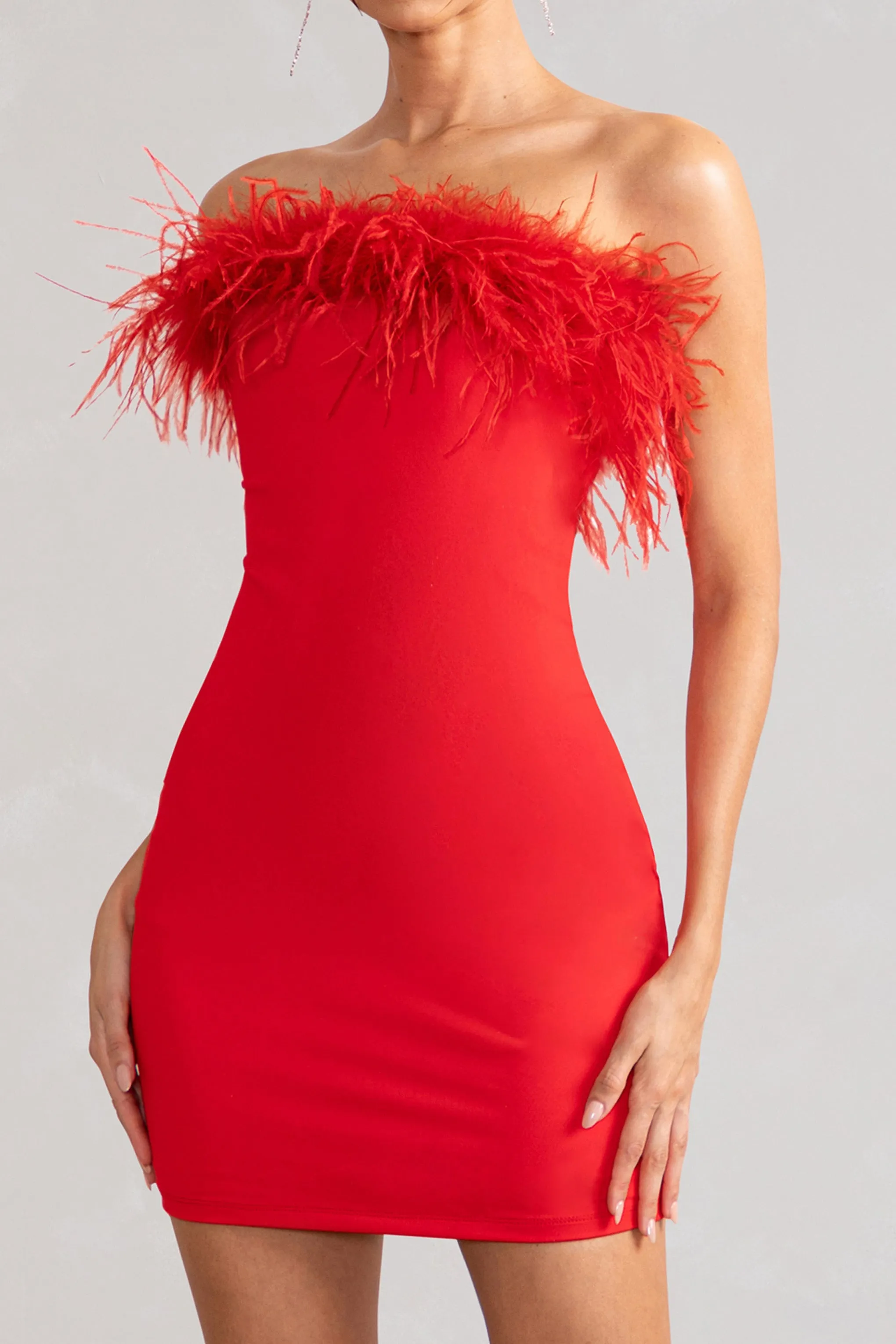 Stop The Show | Red Feather Trim Strapless Bodycon Mini Dress