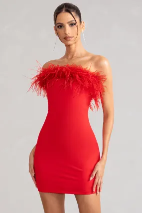 Stop The Show | Red Feather Trim Strapless Bodycon Mini Dress