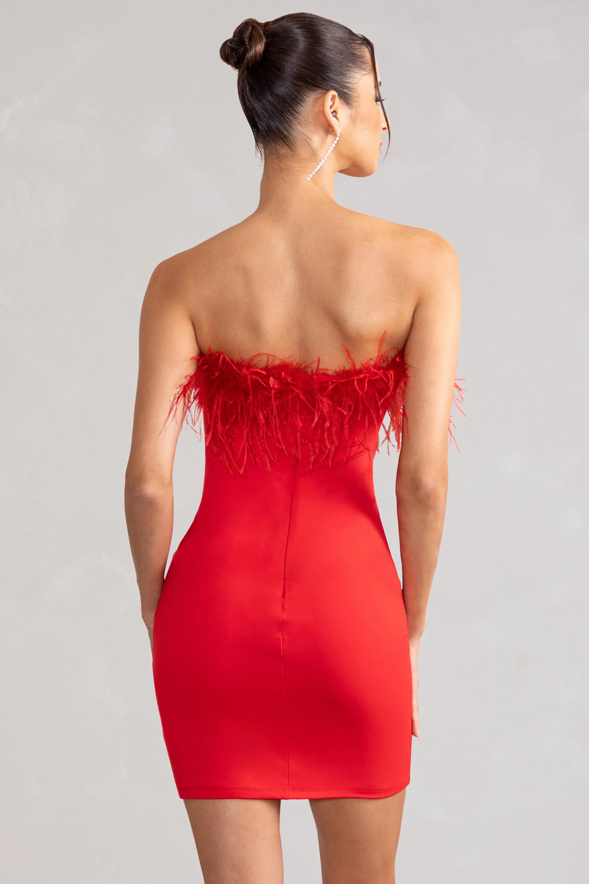 Stop The Show | Red Feather Trim Strapless Bodycon Mini Dress