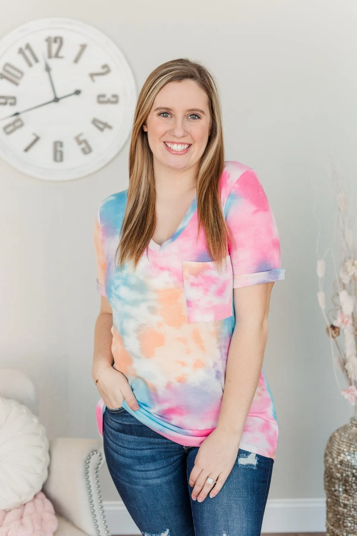 Sunset Skies Pocket Top- Blue, Orange, Pink & Purple