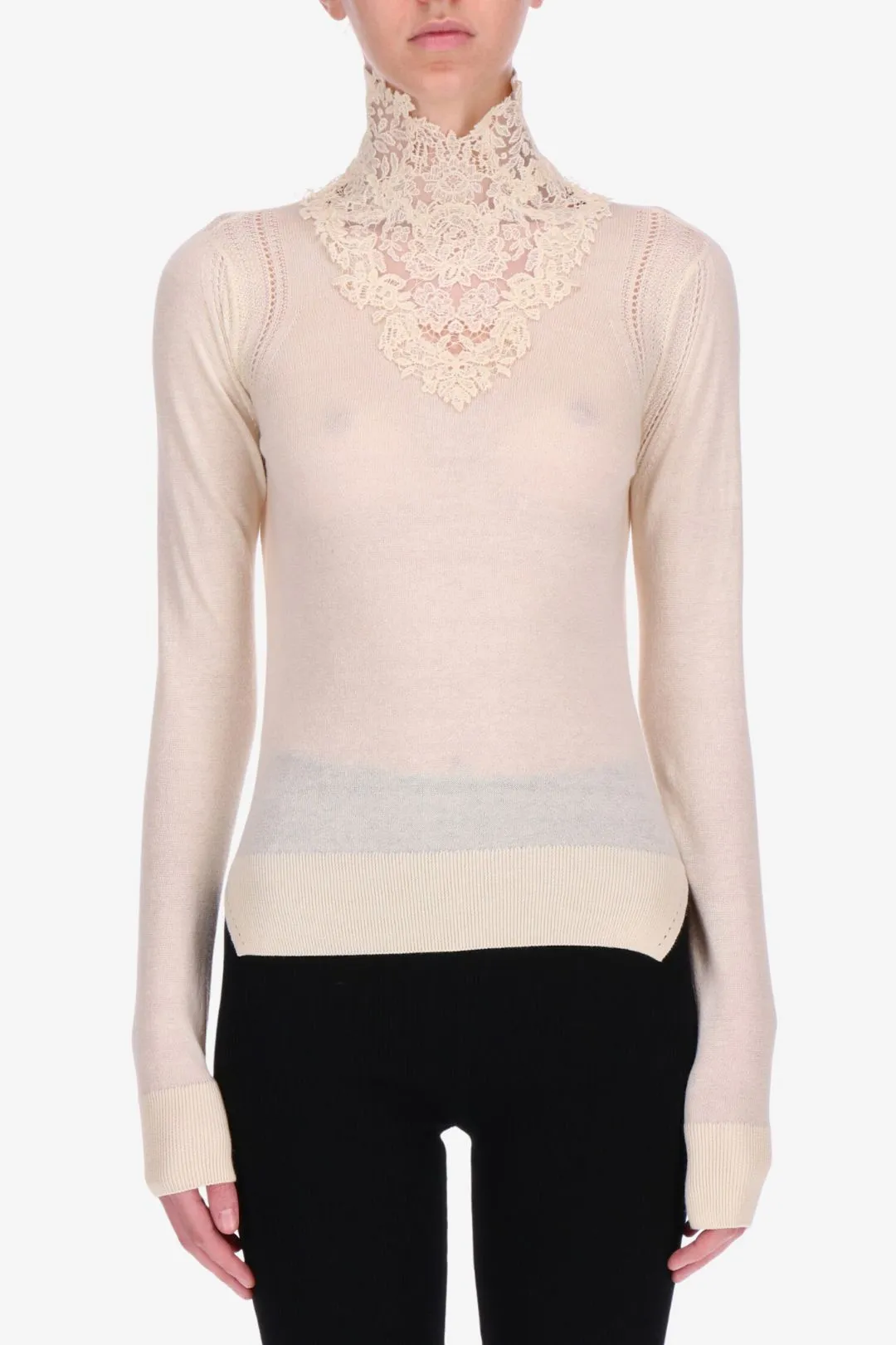 Sweater with Lace Stand-Up Collar