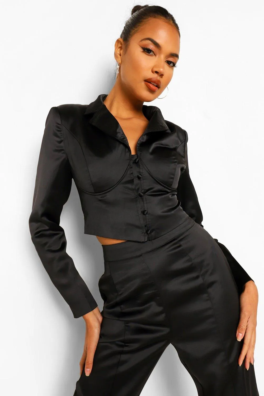 Tailored Satin Corset Detail Crop Blazer