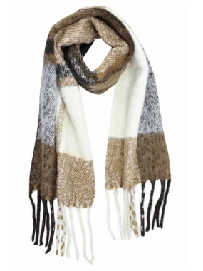 Tan Beige & White Unisex Plaid Print Soft Winter Scarf With Fringe